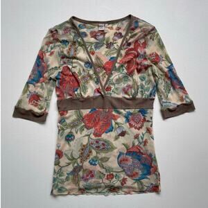 Vtg Y2K Neutral Floral Mesh Half Sleeve Top / SWEET PEA / Sz L / Fairy Grunge